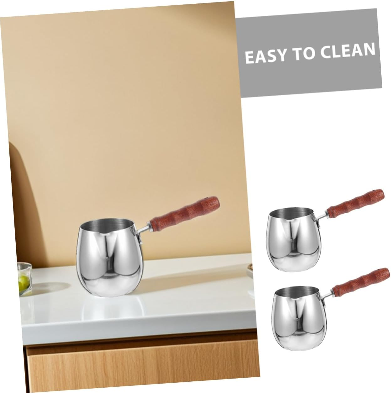 HOMOCONO 2Pcs Turkish Coffee Maker Stainless Steel Creamer Household Espresso Pot Long Handle Coffee Pot Camp Kettle image number 1