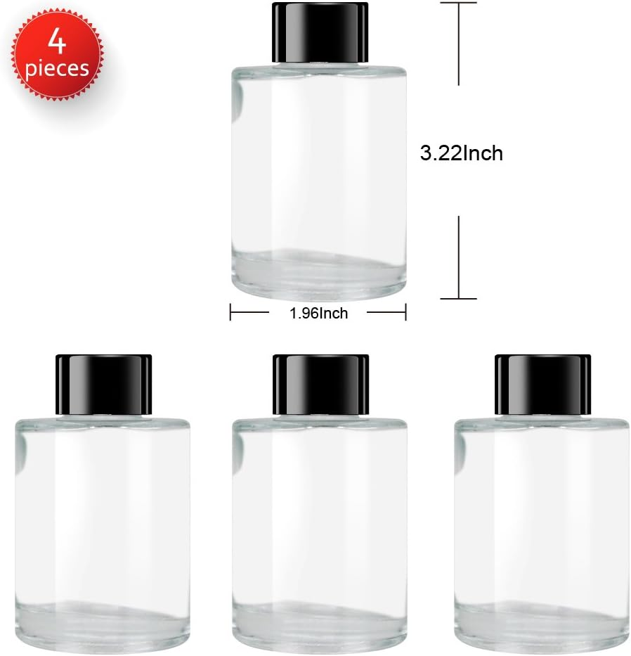 Glass Diffuser Bottles with Black Caps Refillable Diffuser Bottles Set of 4-3.15" High, 70Ml 2.4 Fl Oz. Small round Shape, Fragrance Accessories Use for DIY Replacement Reed Diffuser image number 4