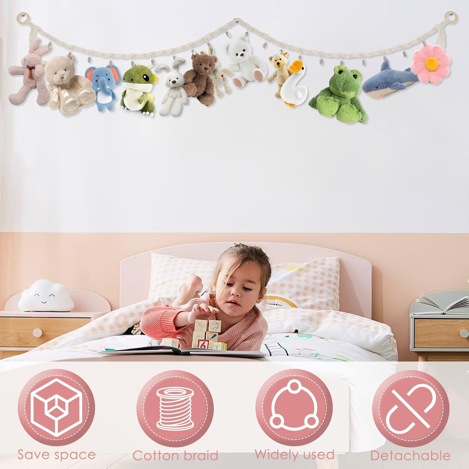 Stuffed Animals Storage Chain with Clips, Hanging Stuffed Animal Holder, Stuffed Animal Storage Hammock Corner,Boho Stuffed Animal Organizer Chain for Wall or Corner Nursery Play Room(1 PCS) - 2Pcs image number 3