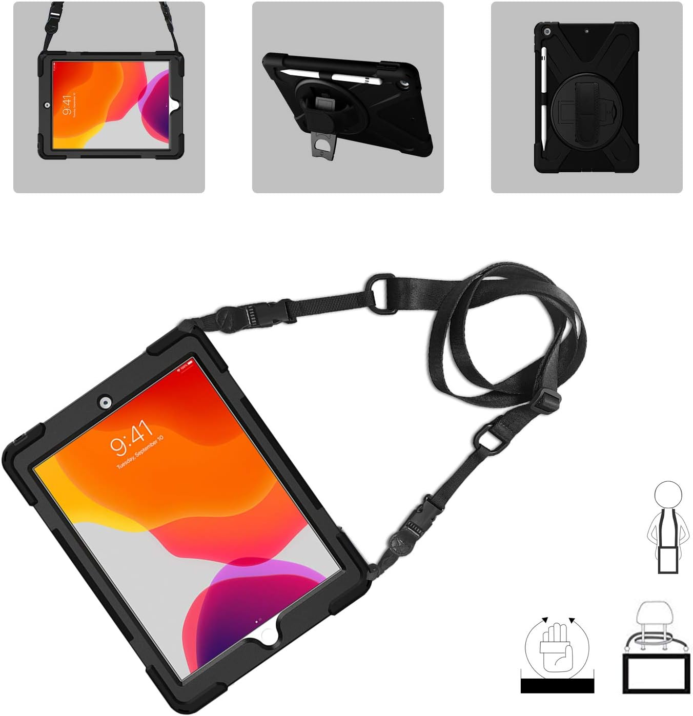 Procase Rugged Case for Ipad 9Th/ 8Th/ 7Th Generation 10.2" (2021/2020/2019), Heavy Duty Shockproof Protective Cover with Strap for Ipad 9/8/7 -Black - Moroccoblue image number 7