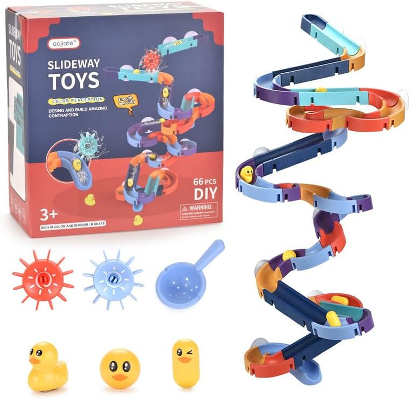 DIY Baby Kid Bath Tub Shower, Water Slide Toy Track with Suction Cup, Ducks, Water Toys for Bathtub (A-8, 66Pc)