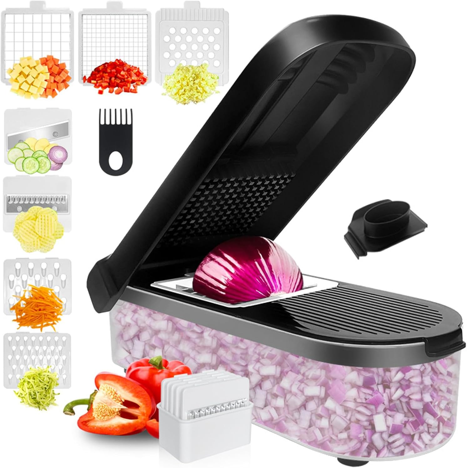 Vegetable Chopper Cutter Stainless Steel Slicer Cheese Grater Food Onion Salad Veggie Food Chopper with Container for Onion Salad (Black)