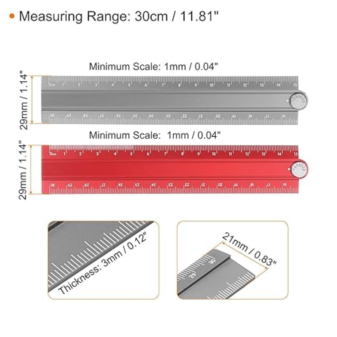 2Pcs Folding Straight Rulers 30Cm Metric Aluminum Alloy Protractor Foldable Ruler Geometric Measuring Tool with Angle Line for Architects Artists Office (Gray + Red) image number 5