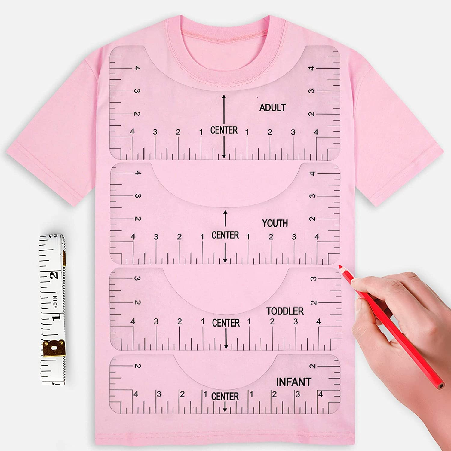 5Pcs T-Shirt Ruler Guide Kit,T-Shirt Alignment Guide Tool Tee T-Shirt Measurement Guide Centering Tools for Vinyl Placement, Adult Youth Toddler Infant Measuring Rule Guiding Design image number 2