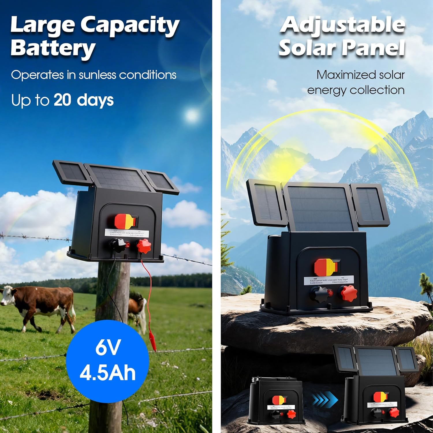 Advwin Solar Electric Fence Charger - 3Km Range, 0.1J 8KV Solar Powered, 3.5W Electric Fence Energizer for Livestock, Poultry, Garden Protection image number 4