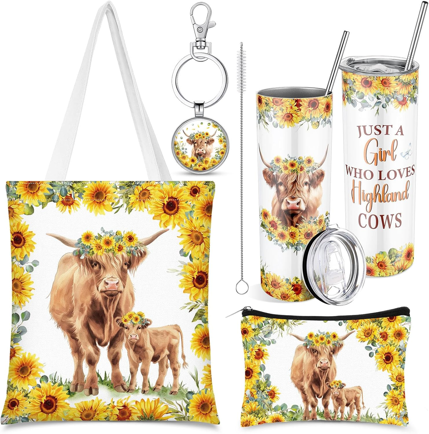 Abbylike 4 Pcs Highland Cow Animal Lover Gifts: Stainless Steel Tumbler with Straw Lid, Metal Keychain, Canvas Tote Bag, Cosmetic Bag for Christmas, Birthday image number 4