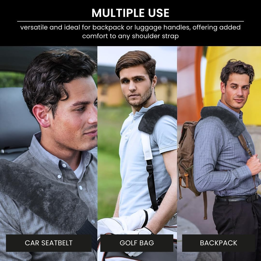 Andalus Genuine Sheepskin Car Seat Belt Cover Pad &ndash; Soft Fuzzy, Comfy Fluffy Seatbelt Covers, Shoulder Pad Neck Cushion Protector, Car Accessories for Woman, Man, Girl (Graphite, 2-Pack) image number 2