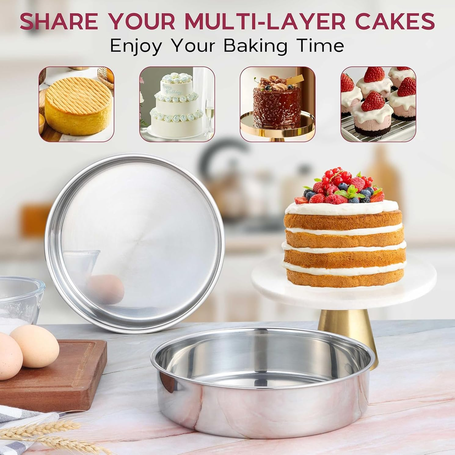 Cake Pan Set of 3, 20Cm X 5Cm Stainless Steel round Cake Tin Baking Pans, Healthy & Toxic Free, Leakproof & Easy Clean, Mirror Finish & Sturdy, Oven & Dishwasher Safe (20Cm- 3 Pack) image number 5