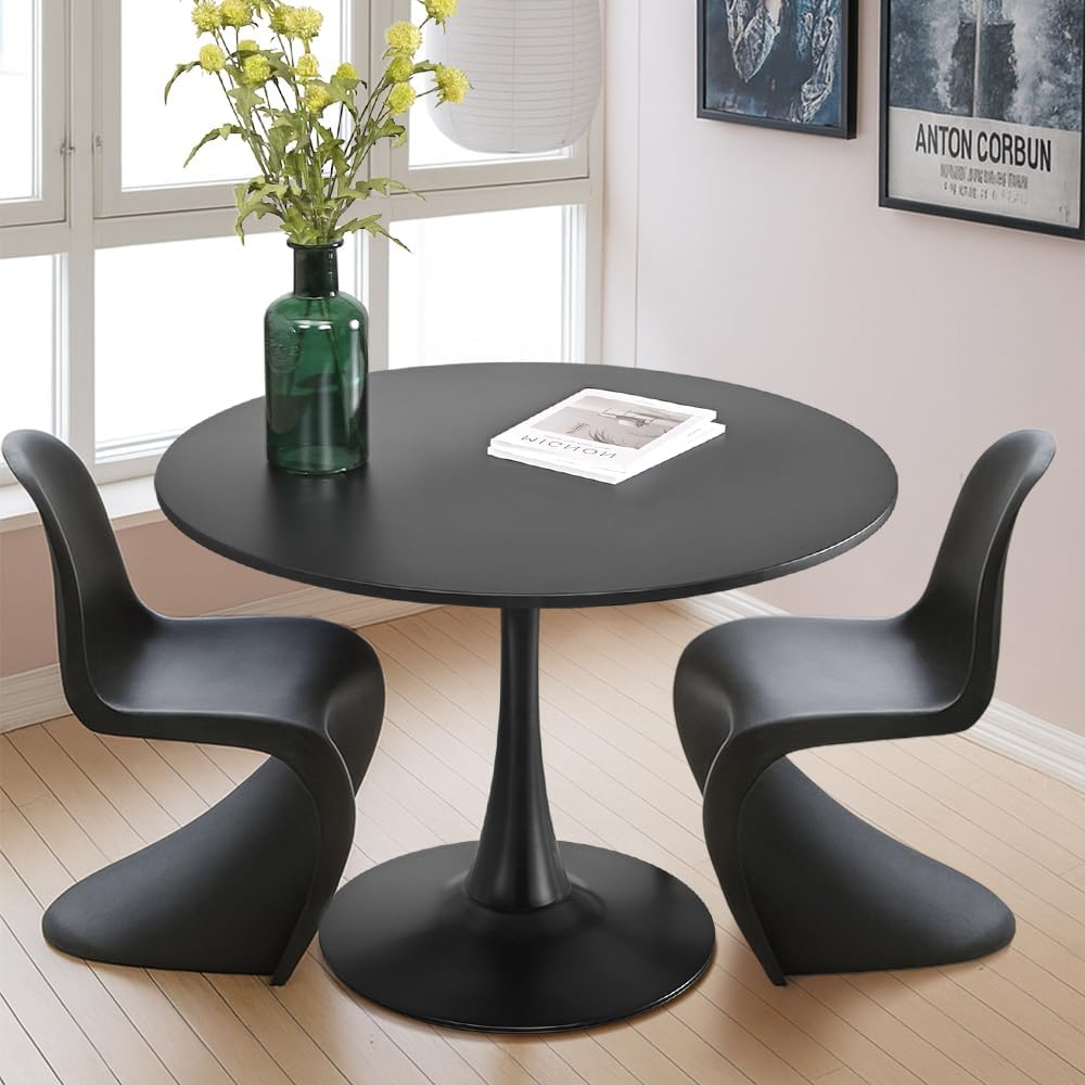 Furb 70Cm round Dining Table for 2, Outdoor Small White Tulip Patio Coffee Table, Wooden Tabletop and Steel Leg