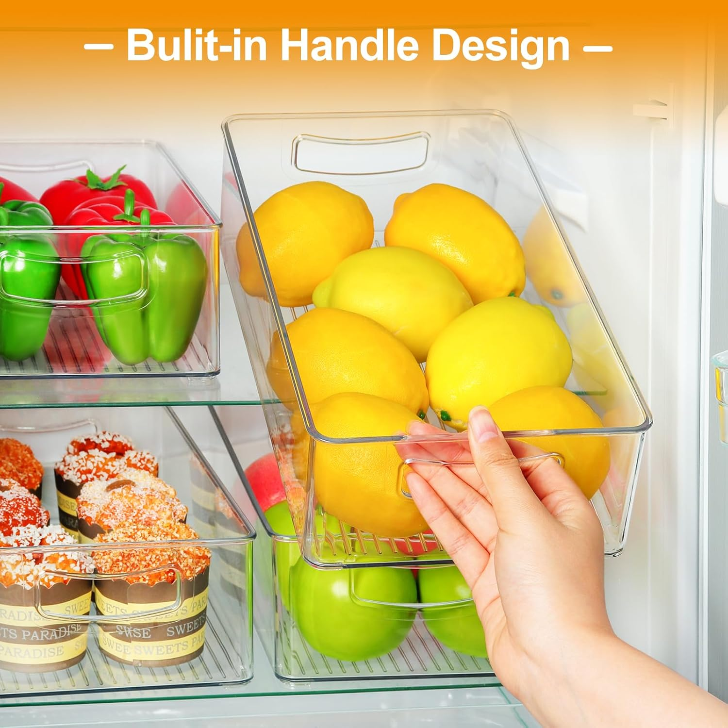 Hudgan Clear Storage Bins 8 Packs for Refrigerator, 4 Large Stackable Pantry Organizer Bins and 4 Medium Storage Plastic Containers for Home Edit, Kitchen, Freezer, Bathroom, Drawers, Shelves image number 4