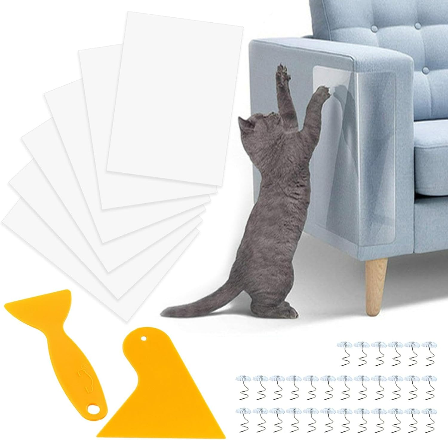 Pack of 6 Cat Sofa Scratch Protectors, 45 X 30 Cm, Protection for Sofa, Cat, Cat Scratch, Clear Sticker with 30 Fixing Nails and Pets, 2 Wall Scrapers, for Furniture, Door, Wall,