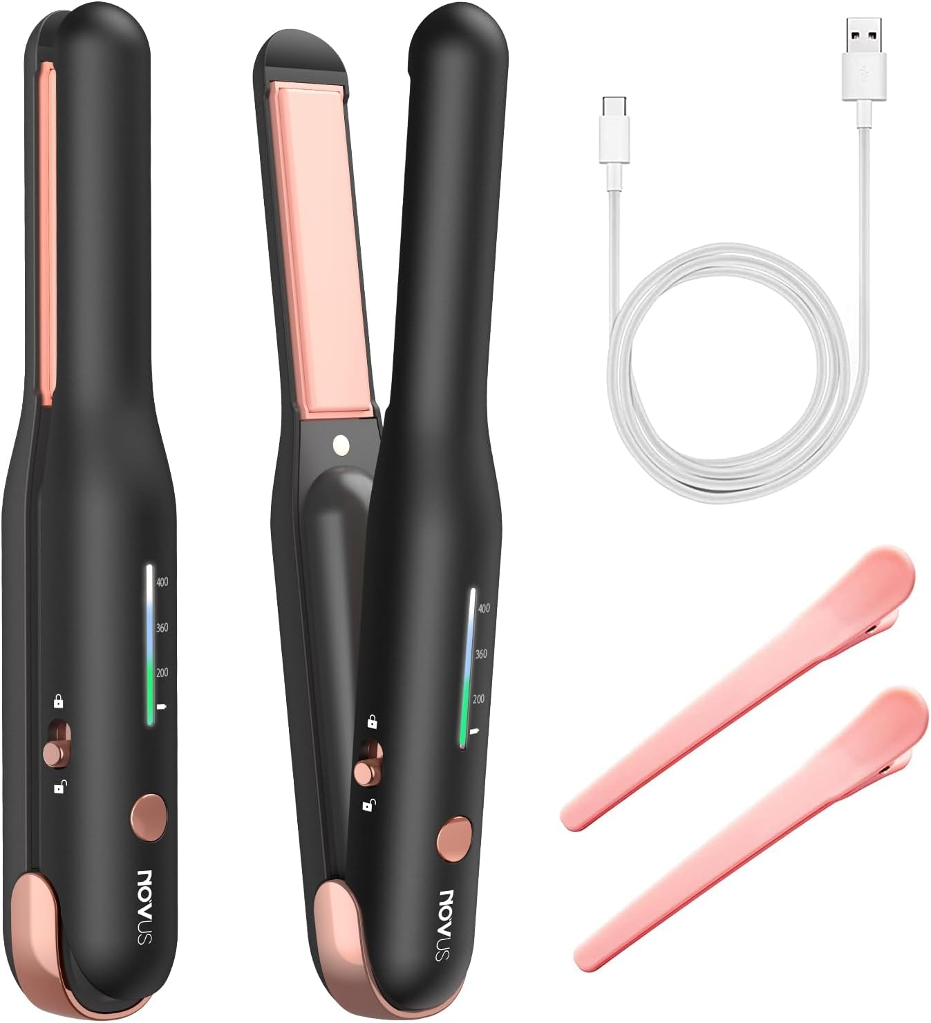 NOVUSPRO Cordless Type-C Rechargeable Mini Hair Straightener, 2 in 1 Portable Travel Flat & Curling Iron, Wireless Premium Straightener for All Types with 4000Ma Battery & Adjustable Temp (Black) image number 5