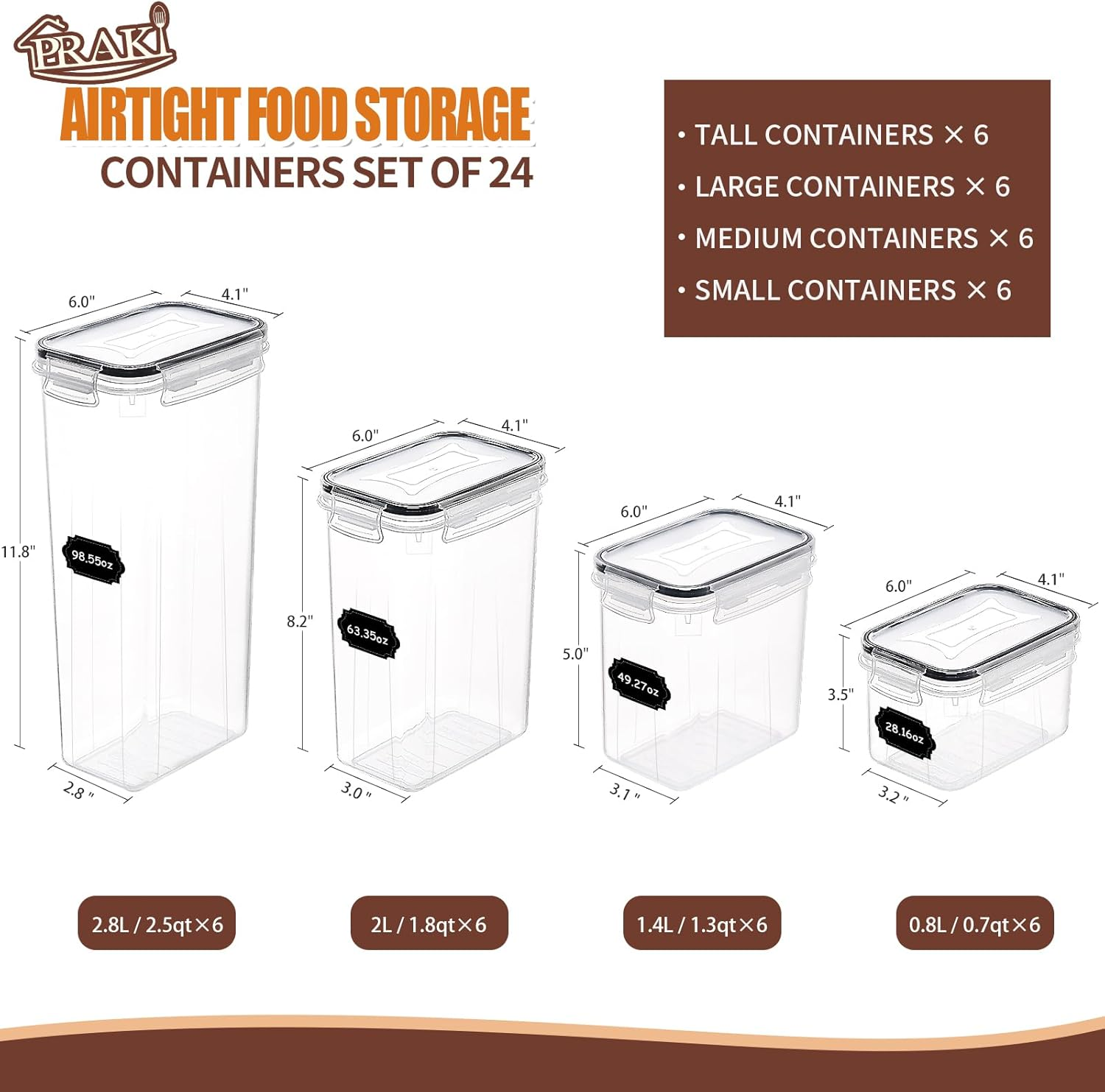 PRAKI Airtight Food Storage Containers Set with Lids - 24 PCS, BPA Free Kitchen and Pantry Organization, Plastic Leak-Proof Canisters for Cereal Flour & Sugar - Labels & Marker image number 2