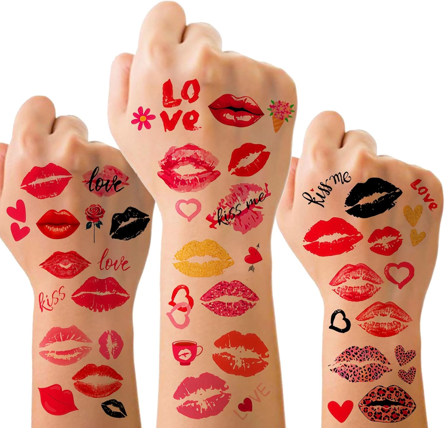 HATOTO Valentines Day Temporary Tattoo for Adult Kids, Red Heart Lip Fake Tattoos, Love Rose Line Hearts Tattoo Stickers, Semi Permanent Tattoo for Women Valentines Wedding Decoration 10 Sheets