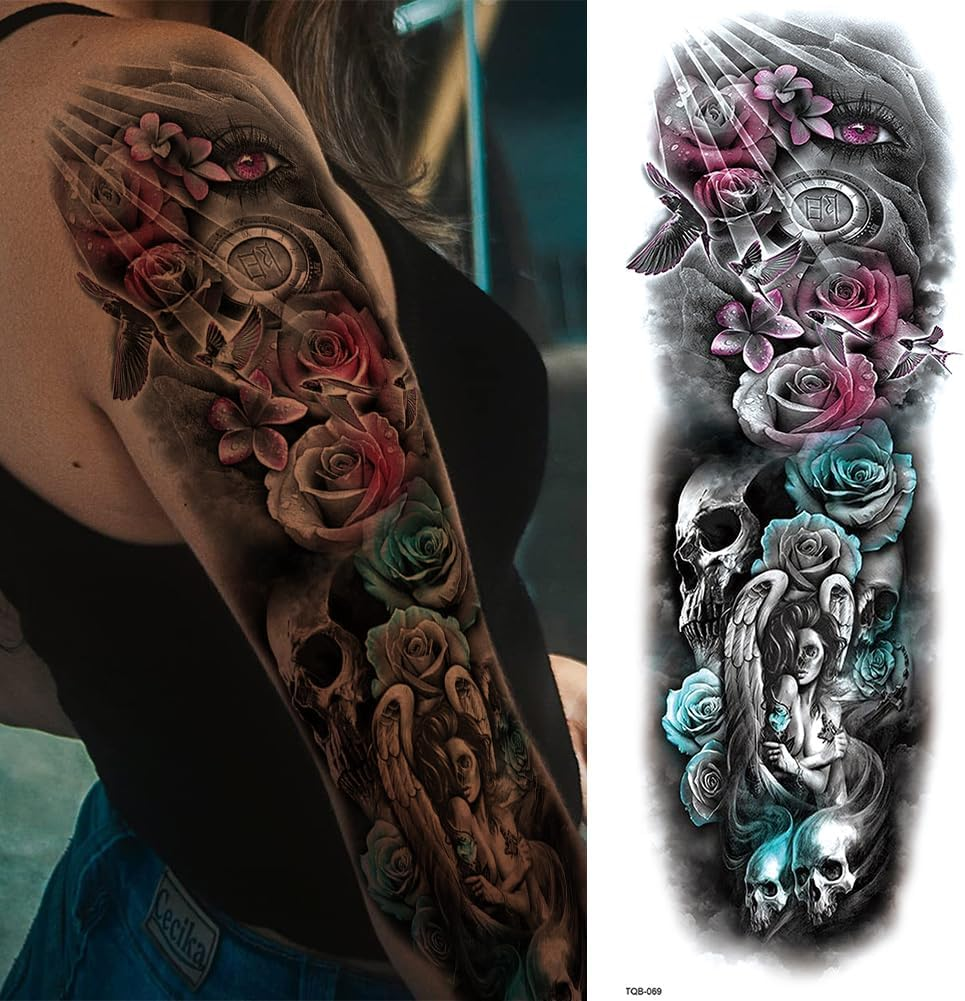 Temporary Tattoo Sticker Skull Crossbones Flower Fake Tattoo Body Abstract for Men Women for Boys Girls Couple Lover image number 6