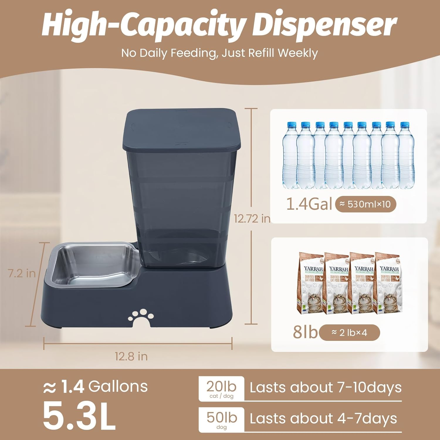 Automatic Dog Cat Feeder and Water Dispenser with 304 Stainless Steel Bowl, Suitable for Medium and Large Dogs and Cats, Large Capacity 5.3L, 2 Pack (Black Set) - Black Set image number 5