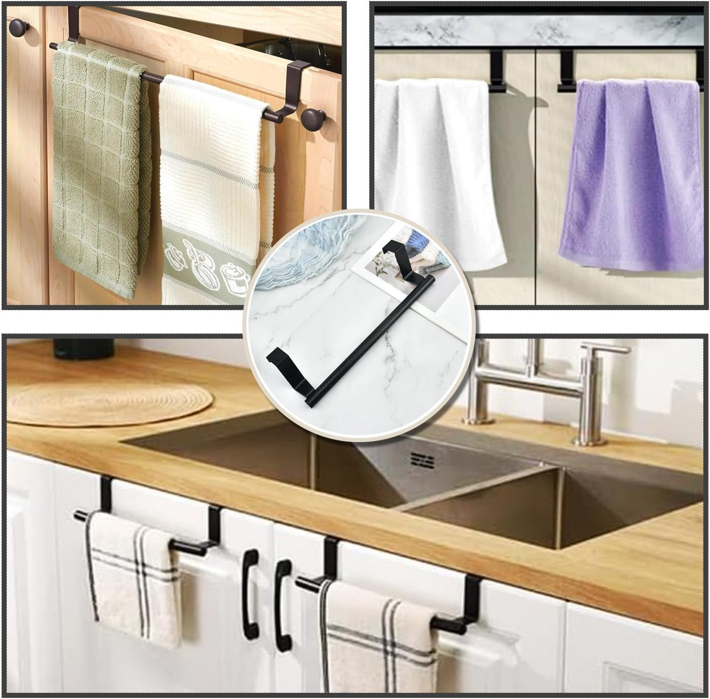 Door Towel Holder, Tea Towel Holder, Stainless Steel Door Towel Holder, Kitchen, Dish Towel Holder, for Hanging, No Drilling Required, for Hanging Towels, 24 Cm Long, Black image number 1