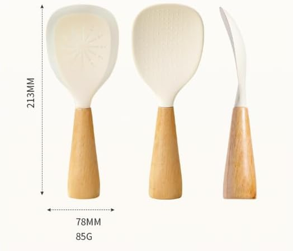 2Pcs Standing Silicone Rice Spoon with Wooden Handle,Non Stick Anti-Scalding Rice Spatula Tableware,Heat Resistant Rice Shovel Household Rice Scooper (White, One Size) image number 1