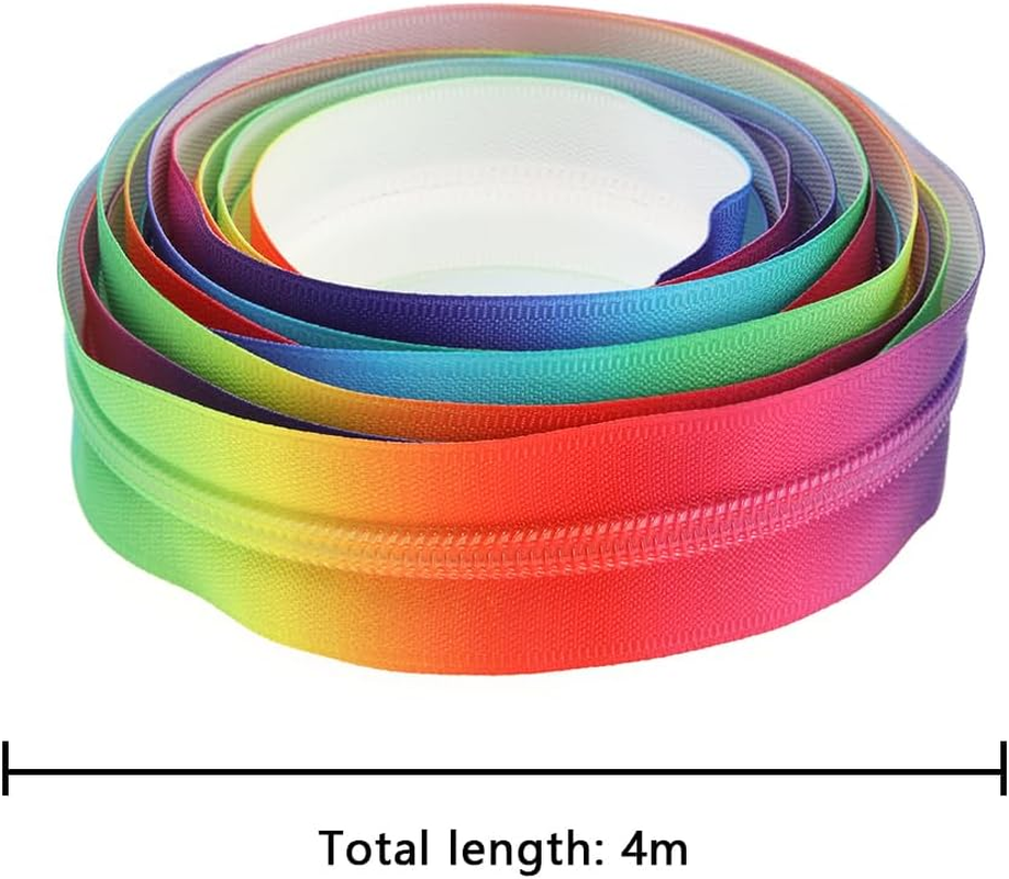 Emagtech #5 Rainbow Zipper Tape 4 Meters Nylon Coil Endless Zippers with 10PCS Silver Zipper Pulls Slider for DIY Sewing Tailor Craft Bags Luggage