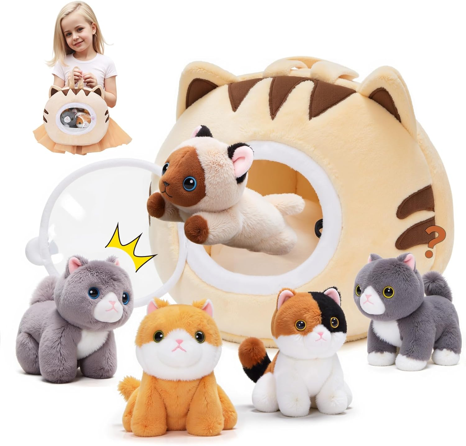 OUOZZZ Cat Stuffed Animal House &ndash; Plush Kitten Toy Set with 4 Soft Cats &ndash; Interactive & Travel-Friendly Playset for Toddlers & Kids &ndash; Huggable, Portable Birthday for Baby Girls