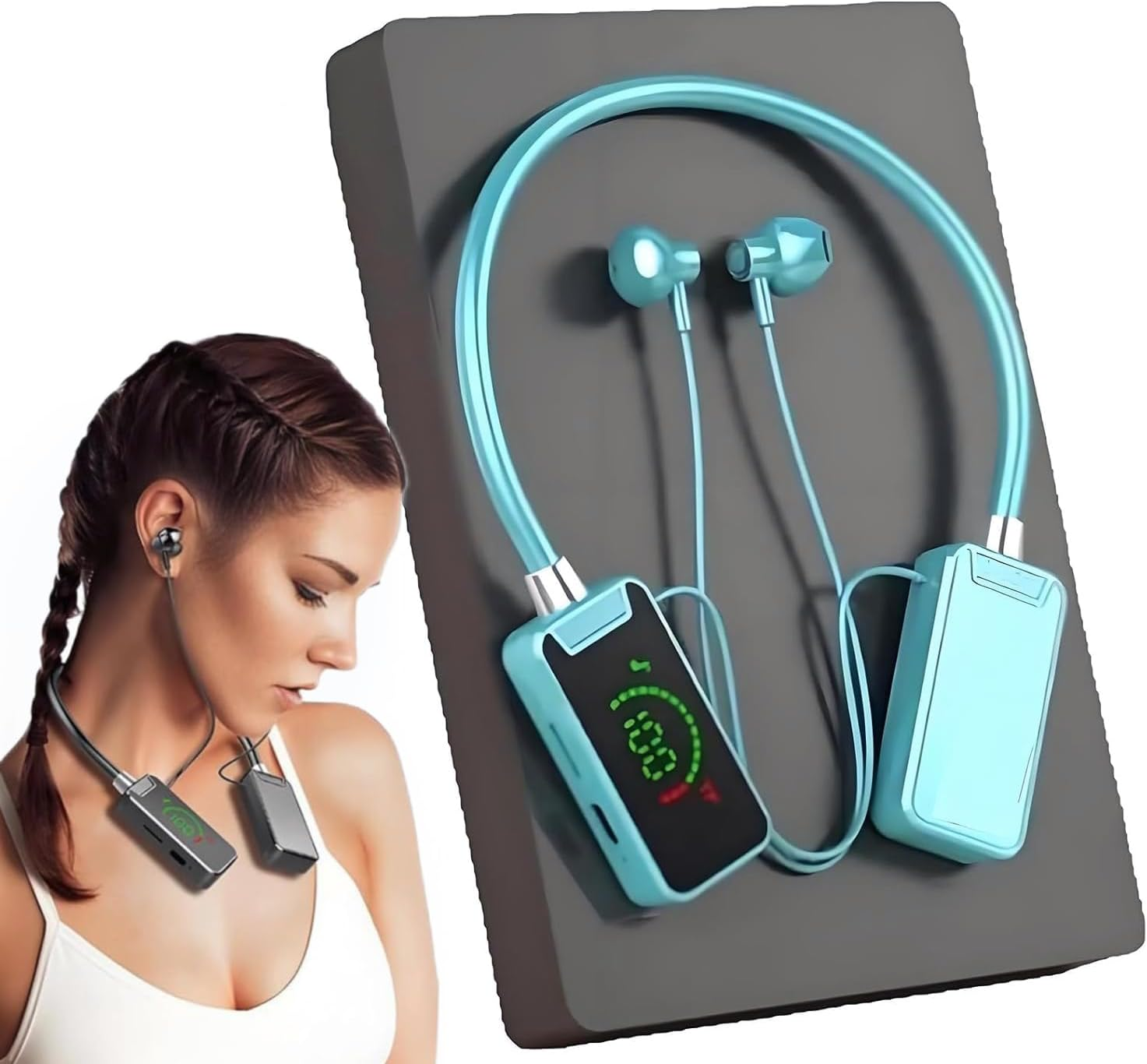 Foihletpath Sports Karaoke Bluetooth Earphones-Come with a Microphone, Bluetooth Neck Hanging Earbud Headset Faster, Waterproof for Sports Gym Daily Use and Live Broadcasting Audio (Blue) image number 3