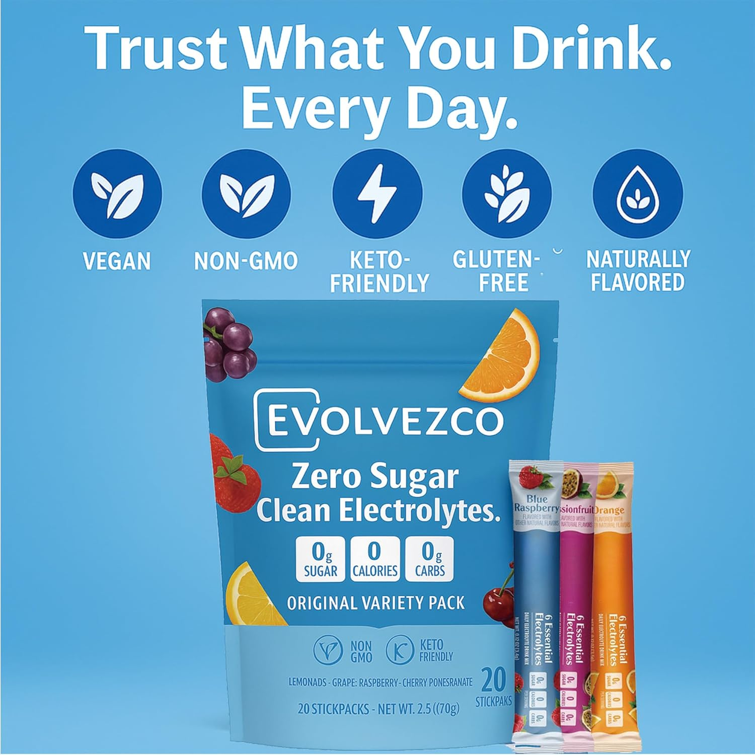 Electrolyte Drink Mix &ndash; Sugar-Free Hydration Powder with 6 Electrolytes + Vitamin C & Zinc &ndash; Vegan &middot; Non-Gmo &middot; Keto-Friendly &ndash; Original Variety Pack (20 Stickpacks) image number 4