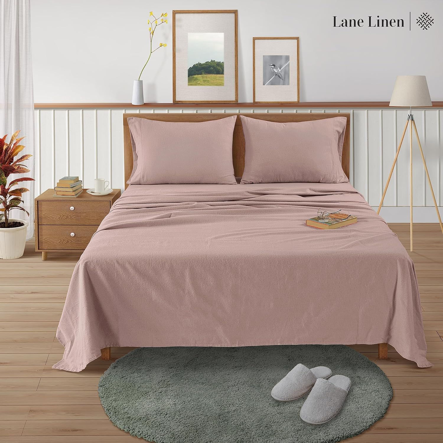 LANE LINEN 100% Cotton King Size Bed Sheets Set - Brushed for Extra Softness - Lightweight 100% Cotton Sheets King Size Set - Warm & Cozy Flannel Cotton Bed Sheets, 15" Deep Pocket - Sepia Rose image number 6