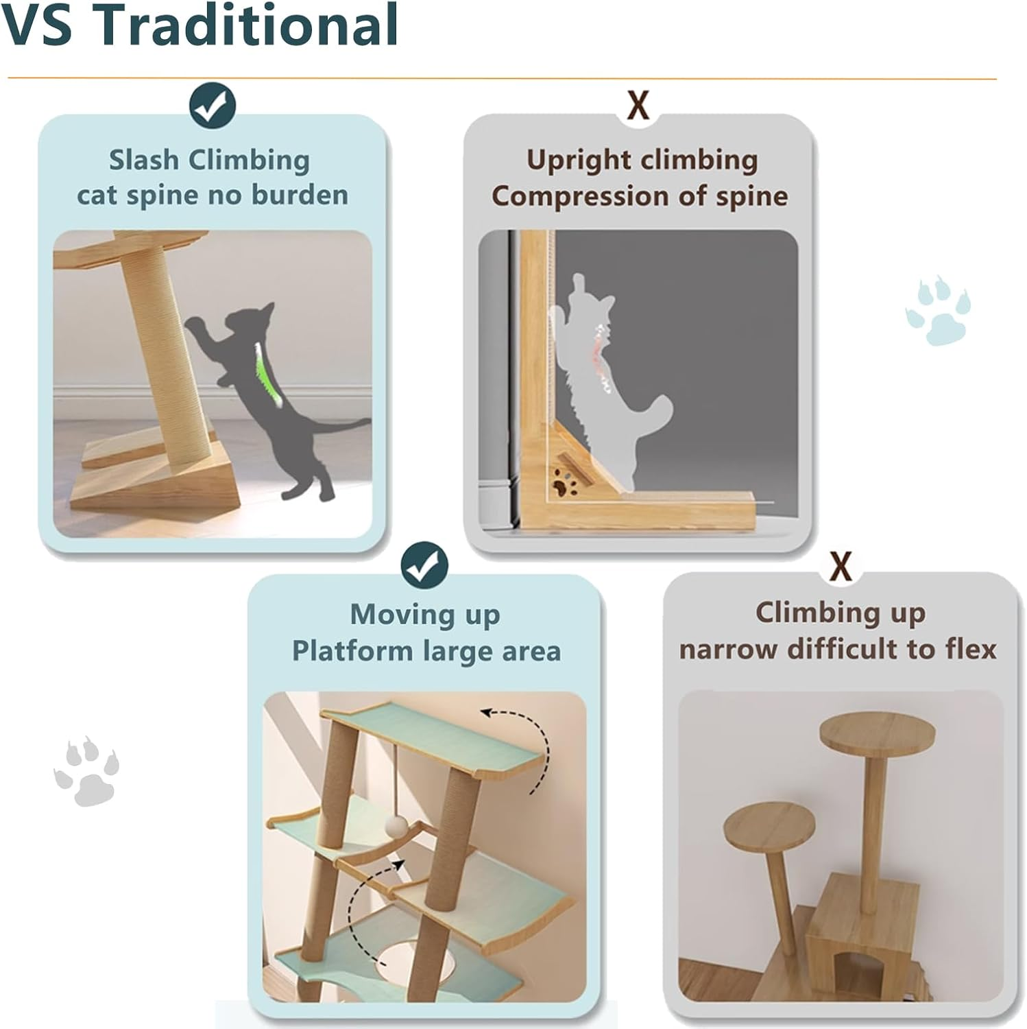 Cat Tree with Hammock, Tall Wall Mounted Wood Scratching Post for Indoor Cats Climbing Activity Tower (Single) image number 3