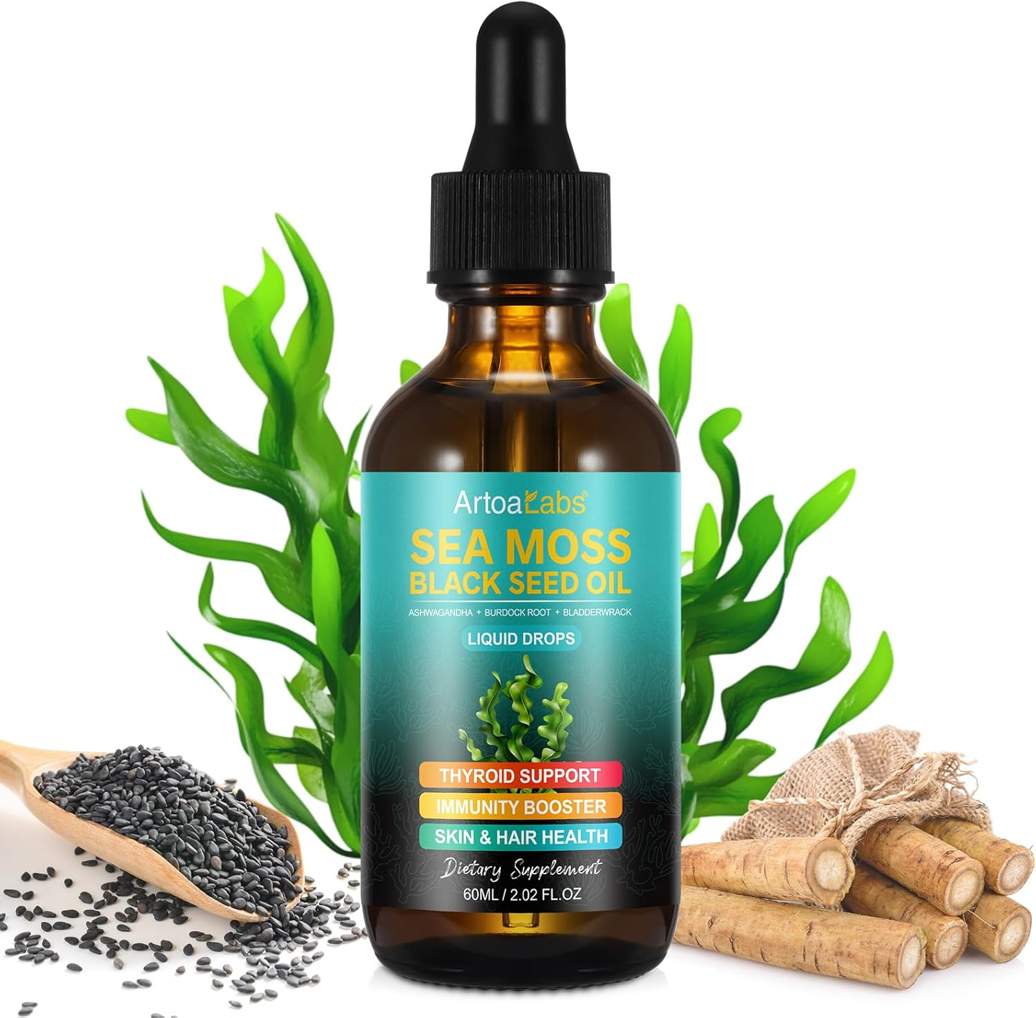 Organic Sea Moss Liquid Drops with Black Seed Oil, Ashwagandha, Burdock Root & Bladderwrack | Non-Gmo, Vegan | 60Ml image number 6