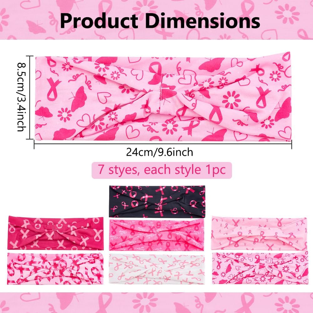 WEBEEDY 7 Styles Breast Cancer Awareness Headbands Pink Ribbon Headbands for Women Hair Bands with Wide Elastic Band to Support Breast Cancer Prevention during Yoga and Running