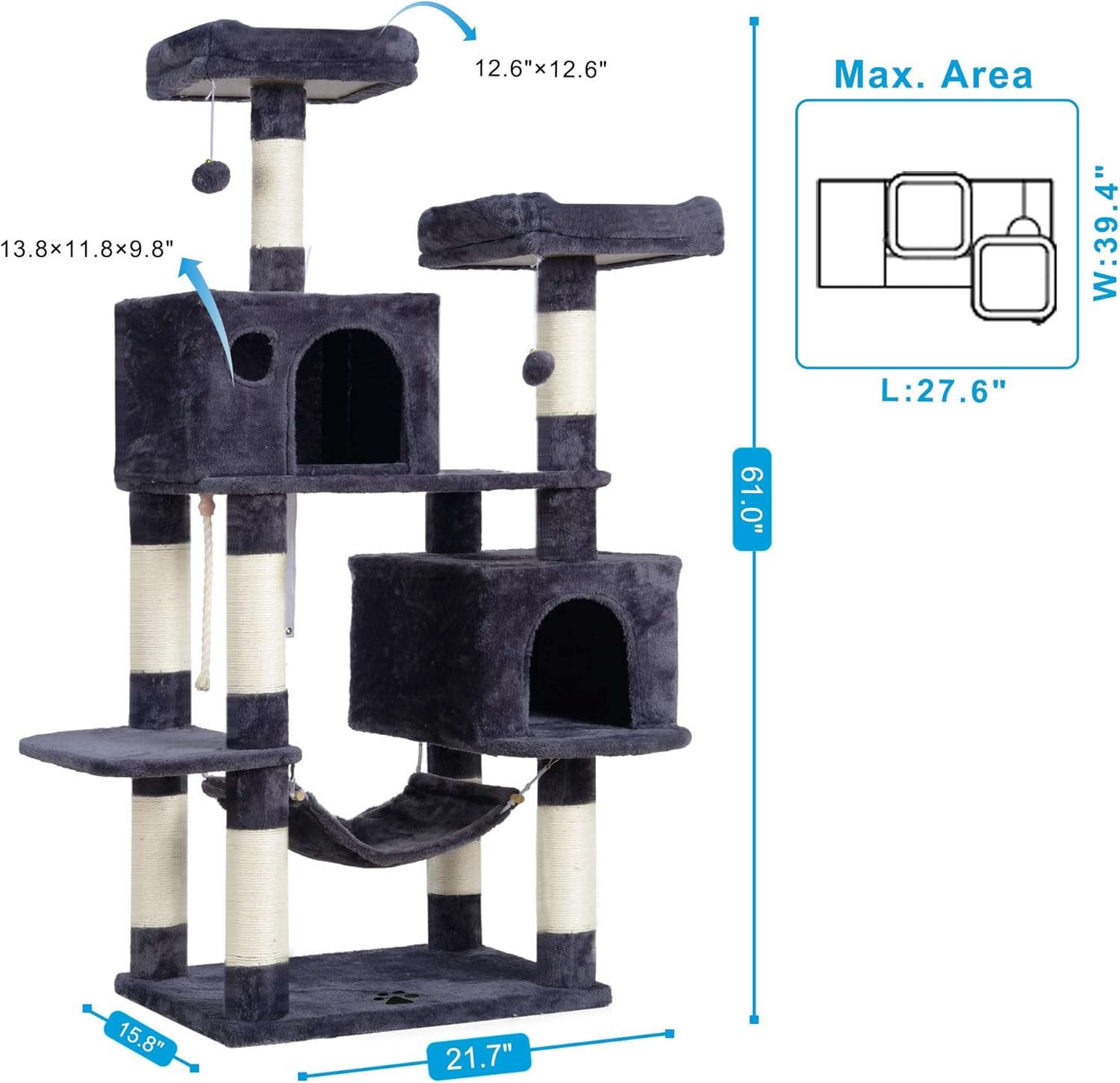Hey-Brother Large Multi-Level Cat Tree Condo Furniture with Sisal-Covered Scratching Posts, 2 Bigger Plush Condos, Perch Hammock for Kittens, Cats and Pets Smoky Gray MPJ020G