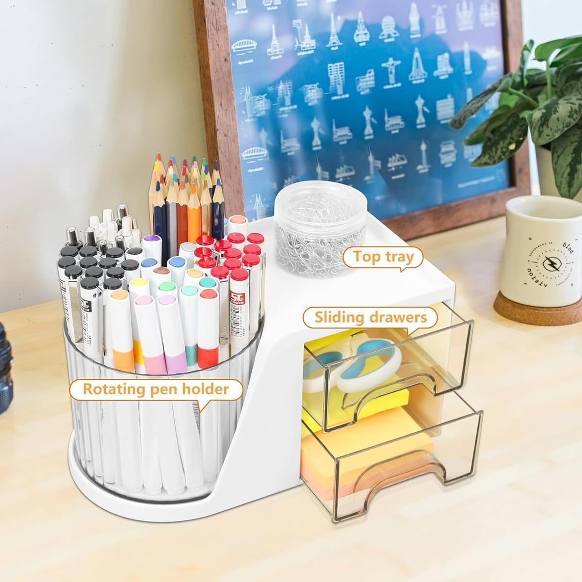 AIMALL Desktop Storage Box White, Rotating Cosmetic Brush Storage Cylinder, 360&deg; Desktop Organiser, Lipstick Eyeshadow Pen Holder, 23X12X13Cm/9X4.72X5.11In image number 5