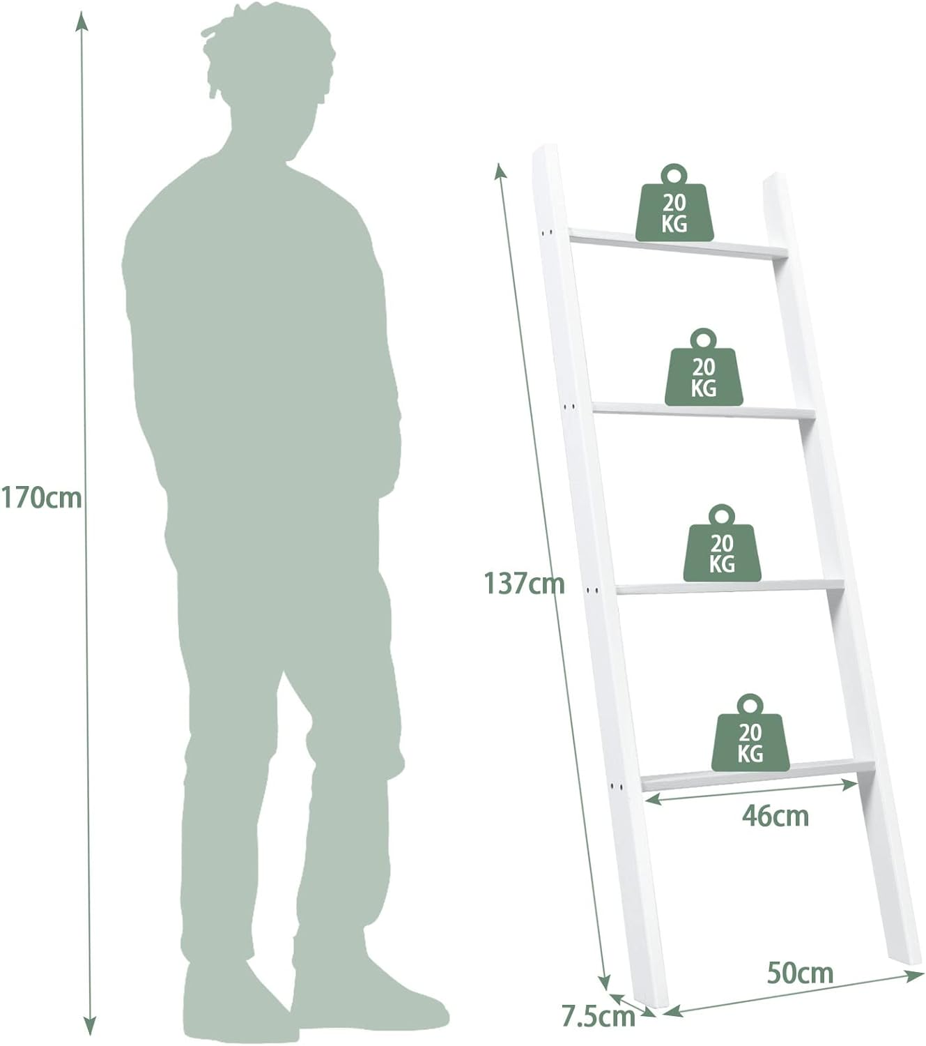 Giantex 4-Tier Wooden Blanket Ladder, Farmhouse Towel Storage Rack, Wall Leaning Ladder Shelf Stand, Decorative Blanket Shelf for Living Room, Bathroom & Bedroom, White - White image number 2