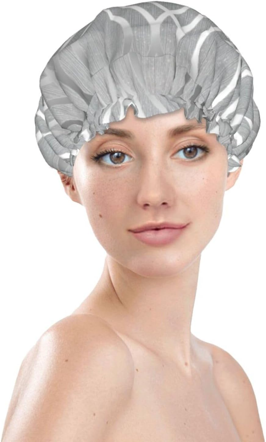 Silver Geometric Figure Print Shower Cap for Women Lightweight Reusable Softdouble Waterproof Layers Leakproof. image number 3