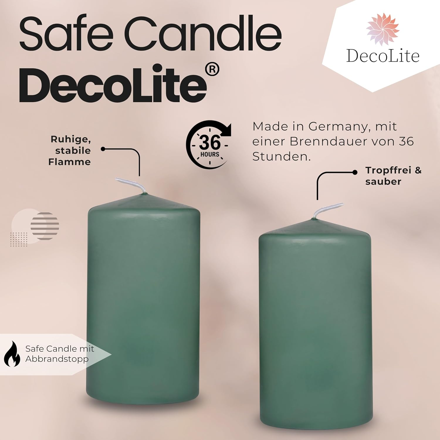 Decolite Wenzel Candles 100/60 Mm Pack of 12 &ndash; Self-Extinguishing, Safe Candle, RAL Certified, 36 Hours Burning Time &ndash; 100% Made in Germany by Wenzel Candles (Emerald) - Antique Pink image number 6
