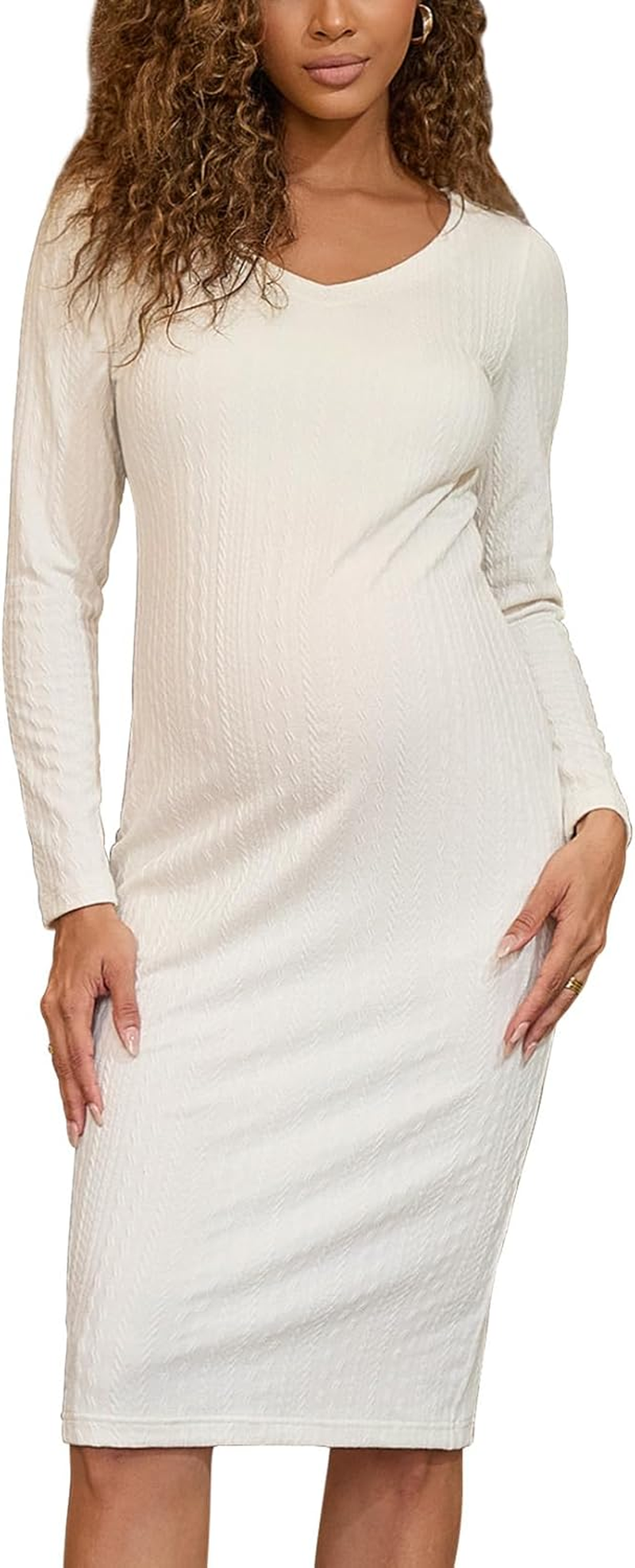 Maternity Dress Long Sleeve V Neck Knit Ribbed Maternity Sweater Dress Bodycon Mid Pregnancy Dress for Photoshoot Baby Shower