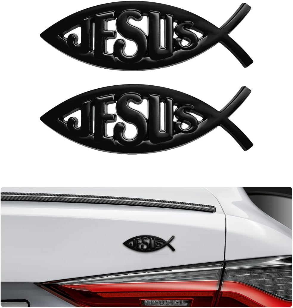 DXNQ 2PCS Jesus Fish Decal Sticker, 3D Car Decal Jesus Christian Fish Symbol Chrome Emblem, Faith Fish Stickers Religious Metal Badge Auto Decor for Truck Motorcycle Fridge (Silver)