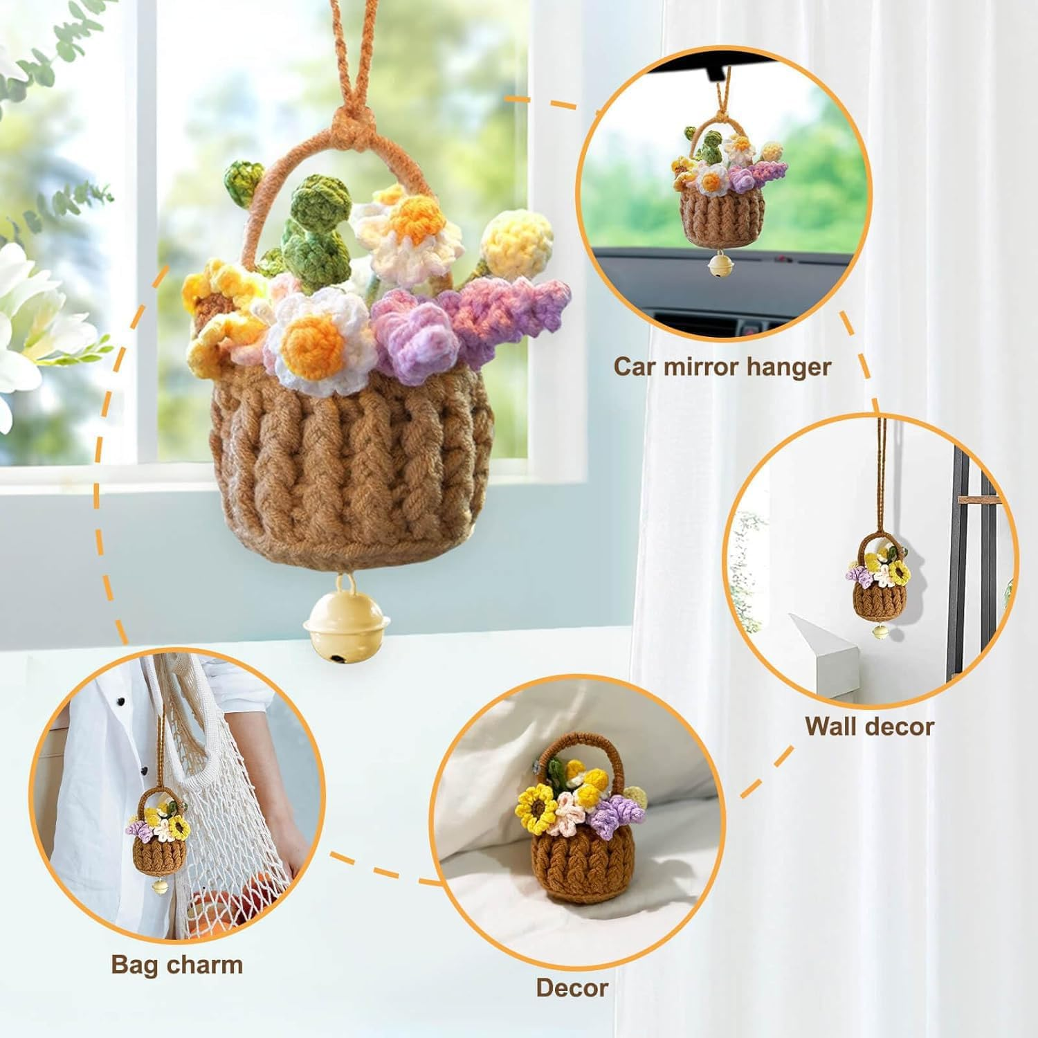Crochet Hanging Plant for Car, 2 Pcs Car Decoration Hand Knitted Car Pendant for Women Cute Car Plant Accessories Knitted Plant Car Mirror Hanger Boho Car Plant Crochet Hanging Basket image number 5