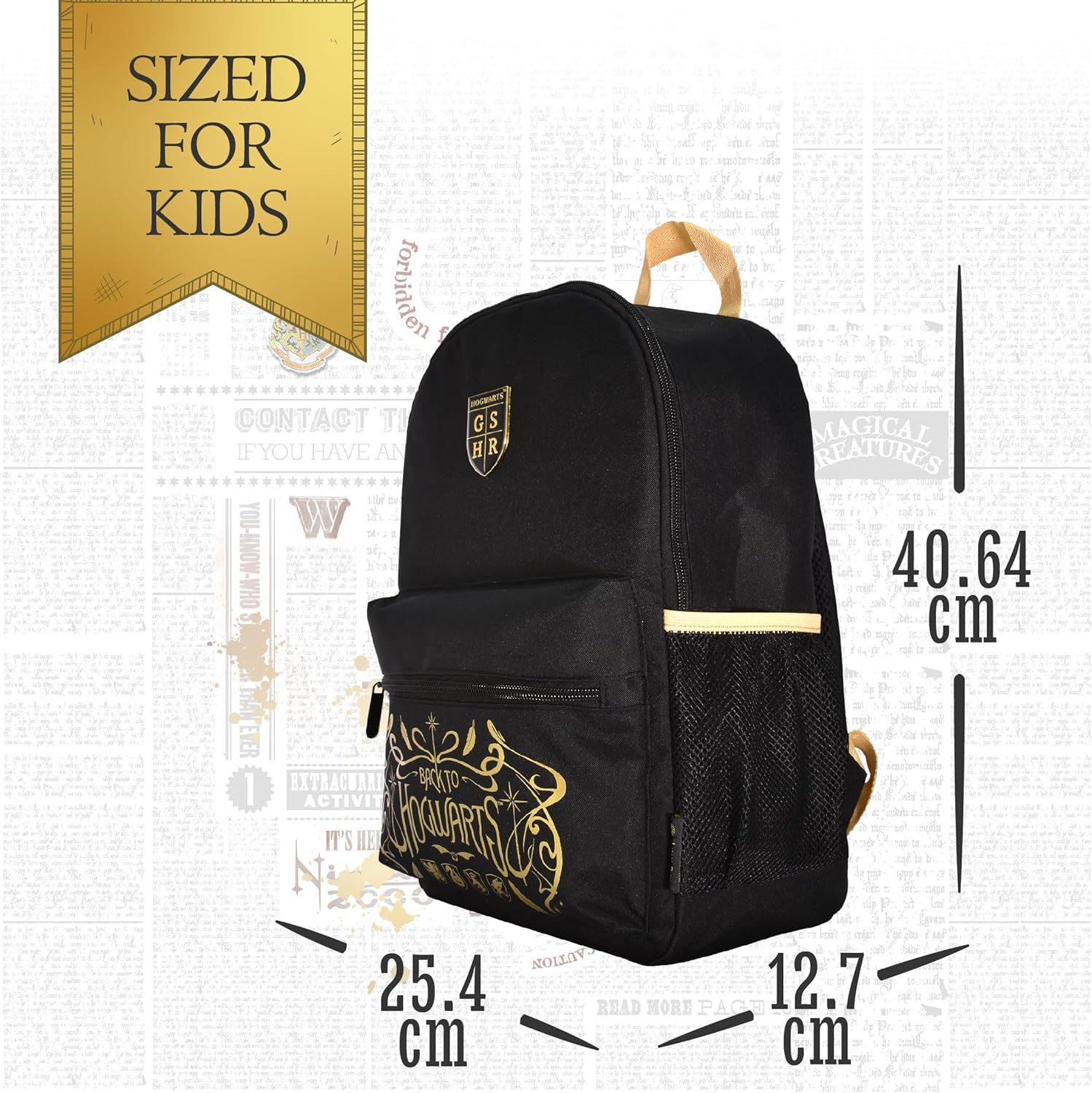 Harry Potter Hogwarts Crest Small Black Nylon Backpack for School or Kids Travel, Side Meshed Pockets, Includes Personalised Name Label - Black image number 5
