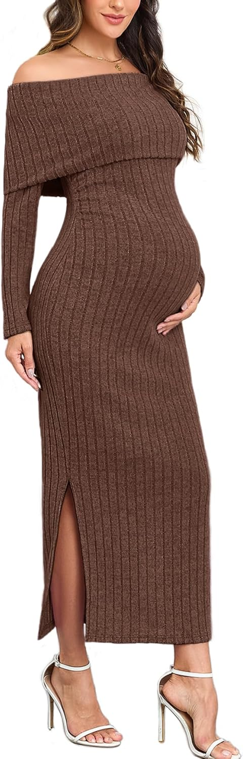 CYCLAMEN Off-Shoulder Maternity Sweater Dress Rib Knit Long Sleeve Dresses with Side Slit Pregnancy Clothes Baby Shower