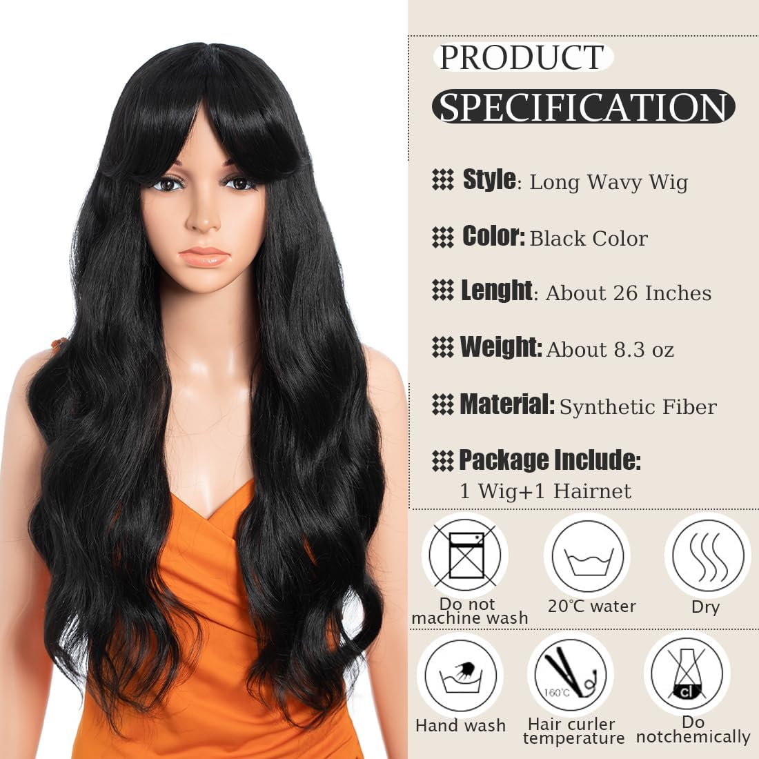26 Inch Long Wavy Wigs for Women Black Wig with Bangs Ombre Brown Wig with Dark Roots Long Layered Heat Resistant Synthetic Natural Looking Wigs for Daily Party Use (1B) image number 6