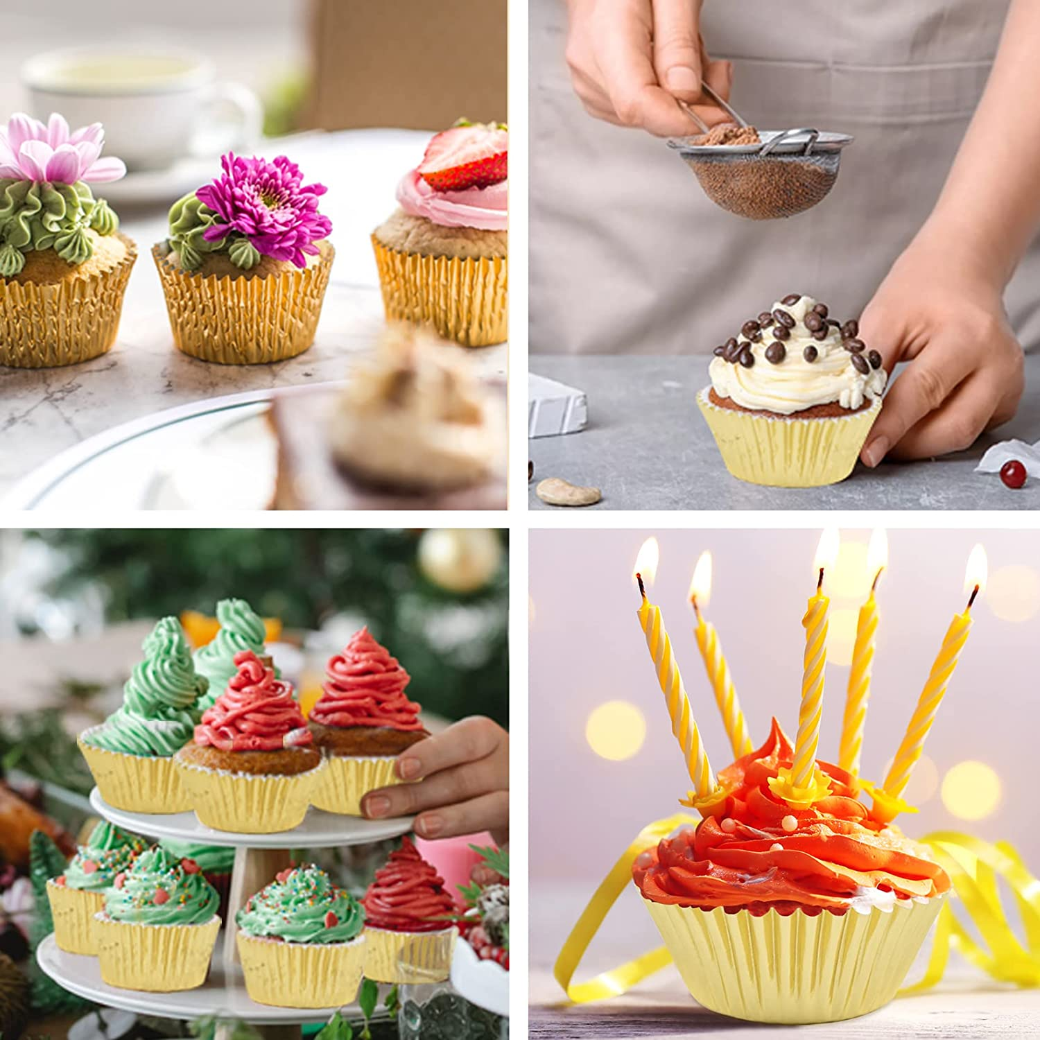 Gold Cupcake Liners, Muffin Liners for Baking, 200 Pcs Greaseproof Cupcake Liners, Standard Size Food Cupcake Papers Baking Cups, Gold Foil Birthday Cupcake Liner for Party image number 2