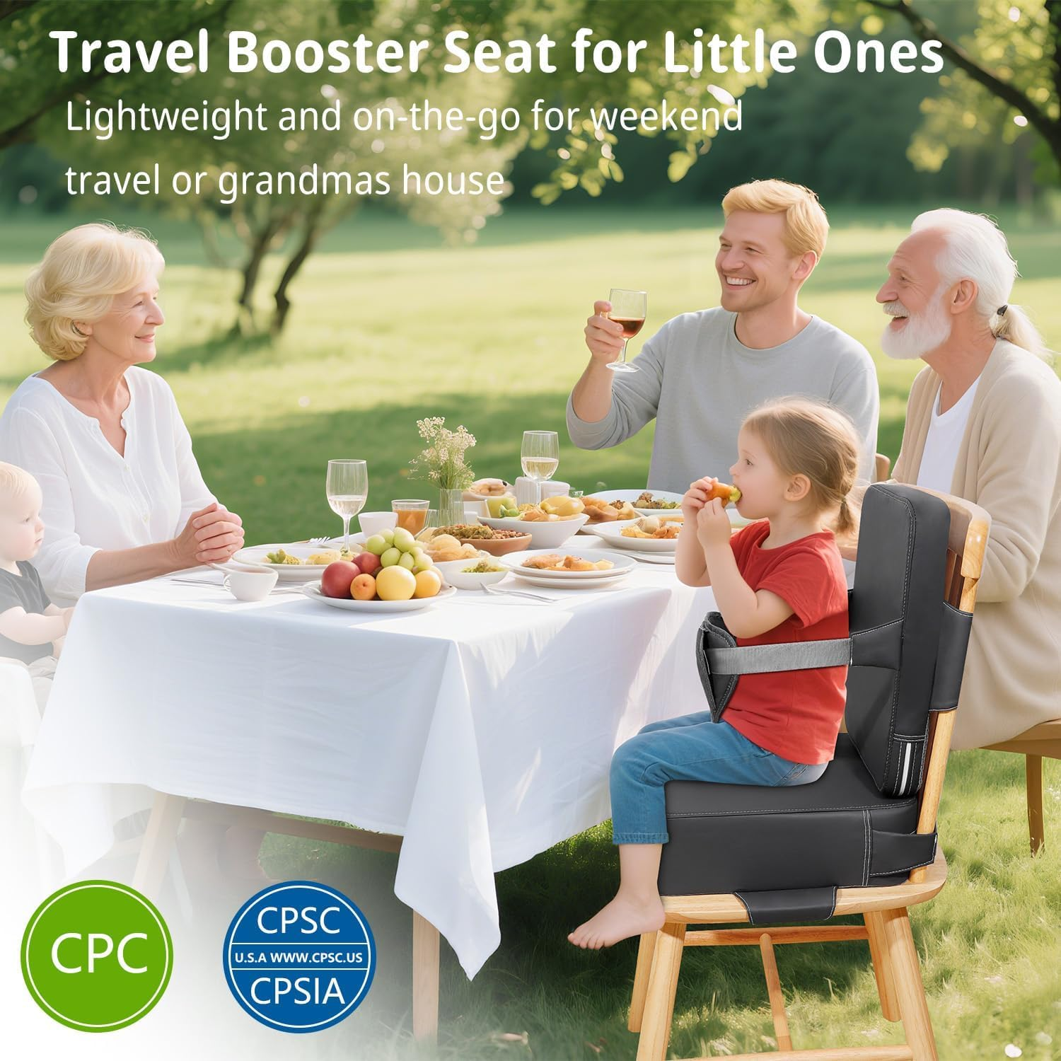 Toddler Booster Seat for Kitchen Chair, 2-In-1 Dining Table Booster Seat with Backrest & Adjustable Straps &ndash; Easy-Clean, PU Portable Toddler Eating Travel Increasing Cushion - Dark Grey - Light Khaki image number 5