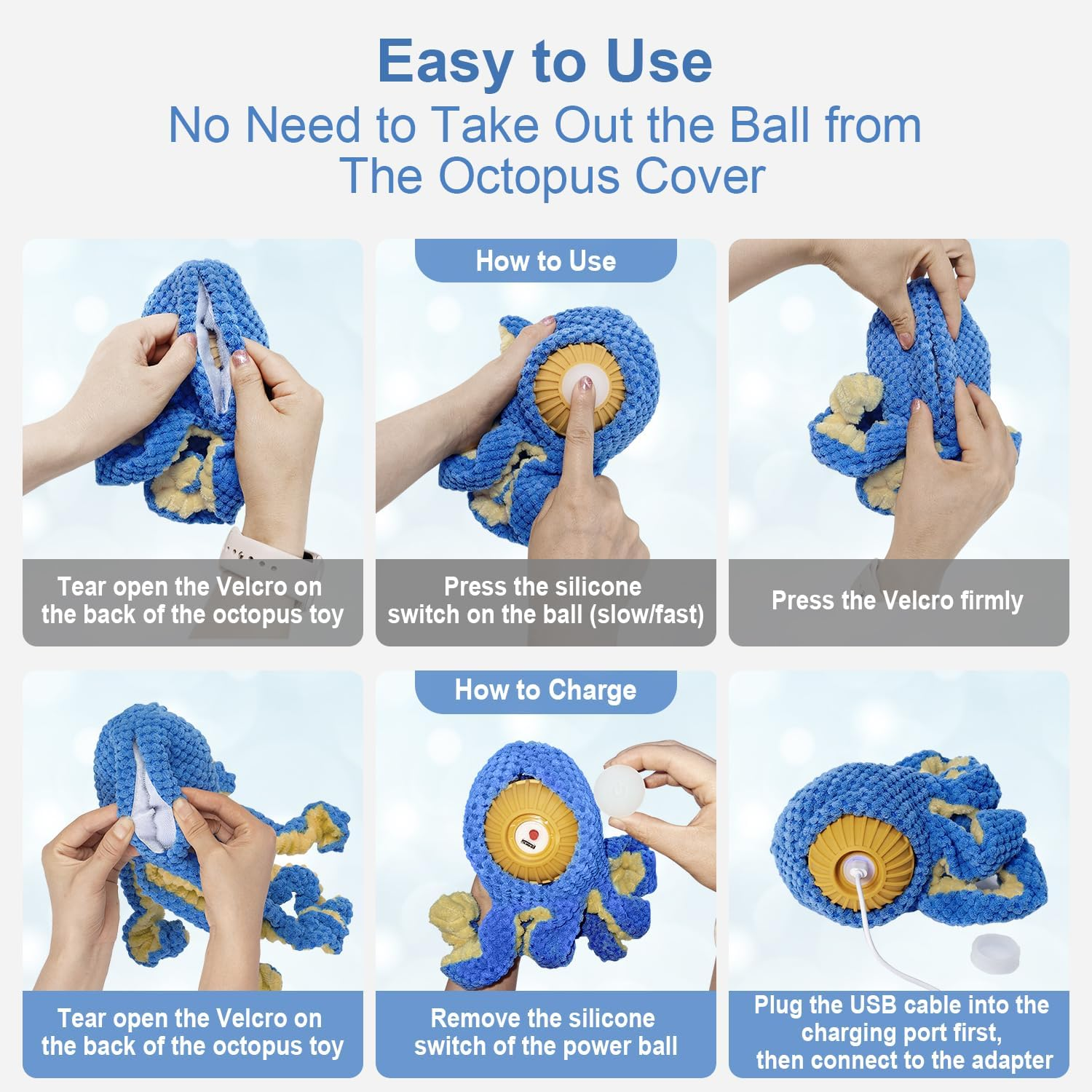 Qraxond Interactive Dog Toys Octopus,Durable Automatic Jumping Dog Toy to Keep Them Busy,Squeaky Moving Tug of War Doggie Toy,Usb Rechargeable,Not for Aggressive Chewers (Blue) image number 4