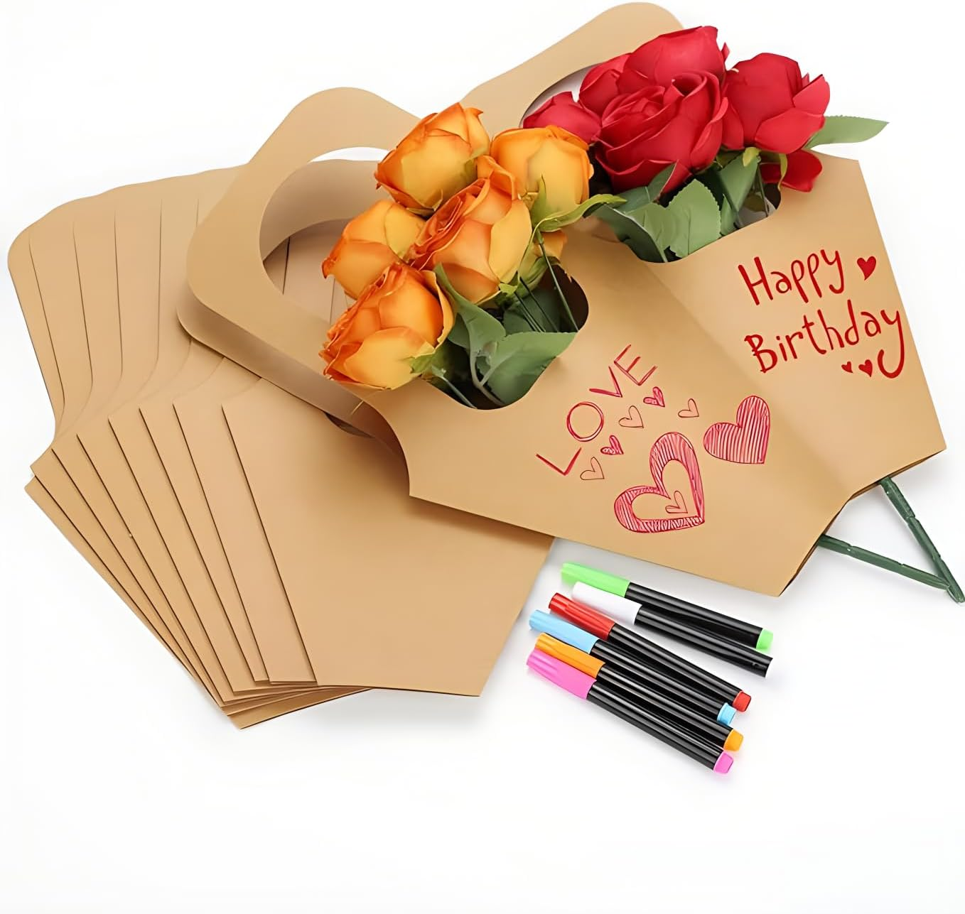Flower Bouquet Bags with Handle Brown Paper Floral Gift Bags Flower Arrangement Bag Gift Box Convenient Handles Wrap Bags for Birthday Wedding Party Favors 40Pcs. image number 1