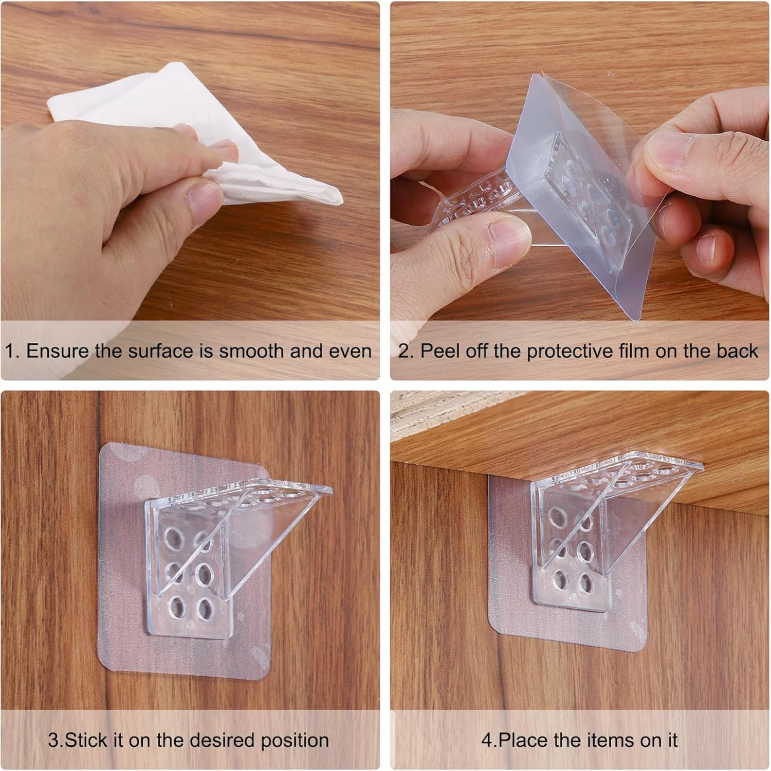 15Pack Adhesive Shelf Bracket, Punch Free Transparent Shelf Support Pegs for Shelves Kitchen Cabinet Closet Clapboard Layer，Clear Self Adhesive Bracket image number 1