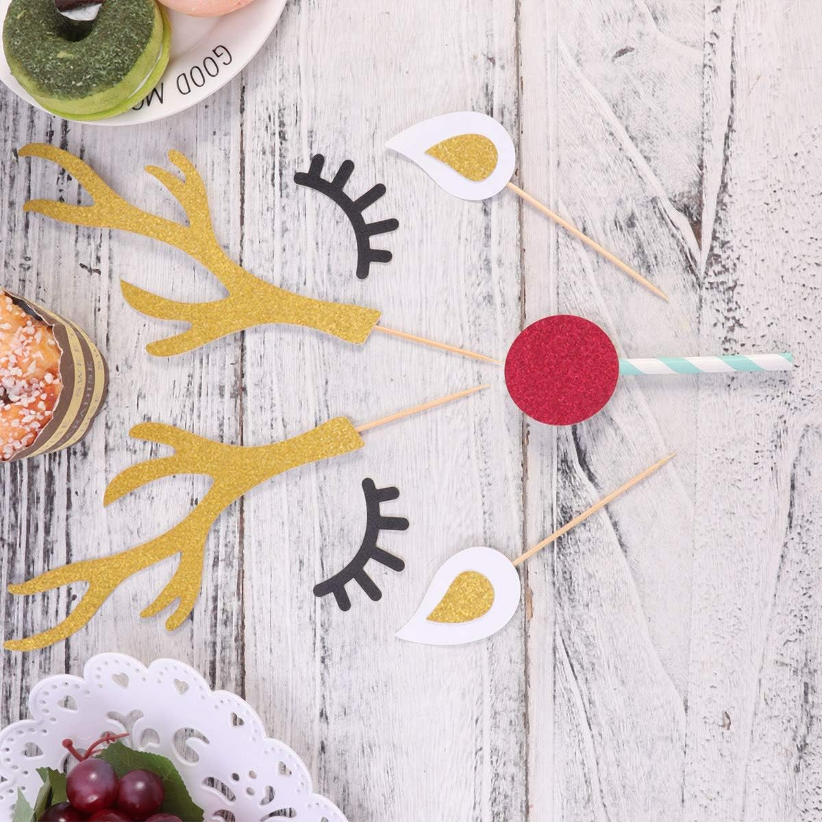 LUOZZY 20 Sets Christmas Deer Cake Toppers Glitter Elk Cake Decoration Antler Deer Eyes Nose Cupcake Picks Xmas Party Supplies - Random Color image number 5