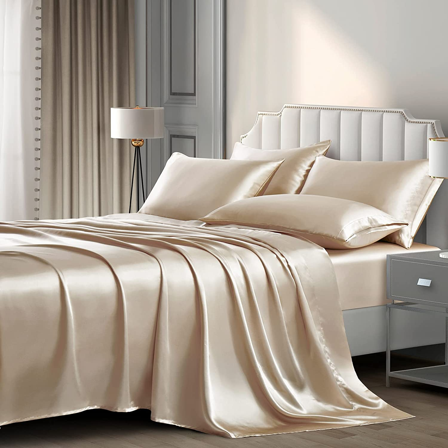 P Pothuiny Satin Sheets Set, Queen (6 Pieces, Taupe) - Luxury Soft Bed Linen Set with 1 Fitted Sheet, 1 Flat Sheet, 4 Pillowcases image number 7