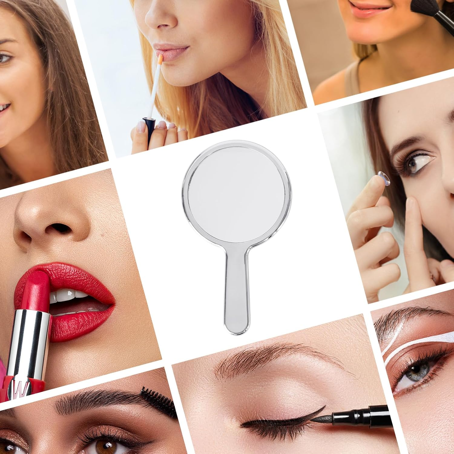 Hand Mirror Professional Hand Held Mirrors Makeup Barbers Shaving Salon Mirrors Hairdressers Compact Tool with Handle for Travel Festival Essentials Portable Makeup Mirror round Silver image number 1