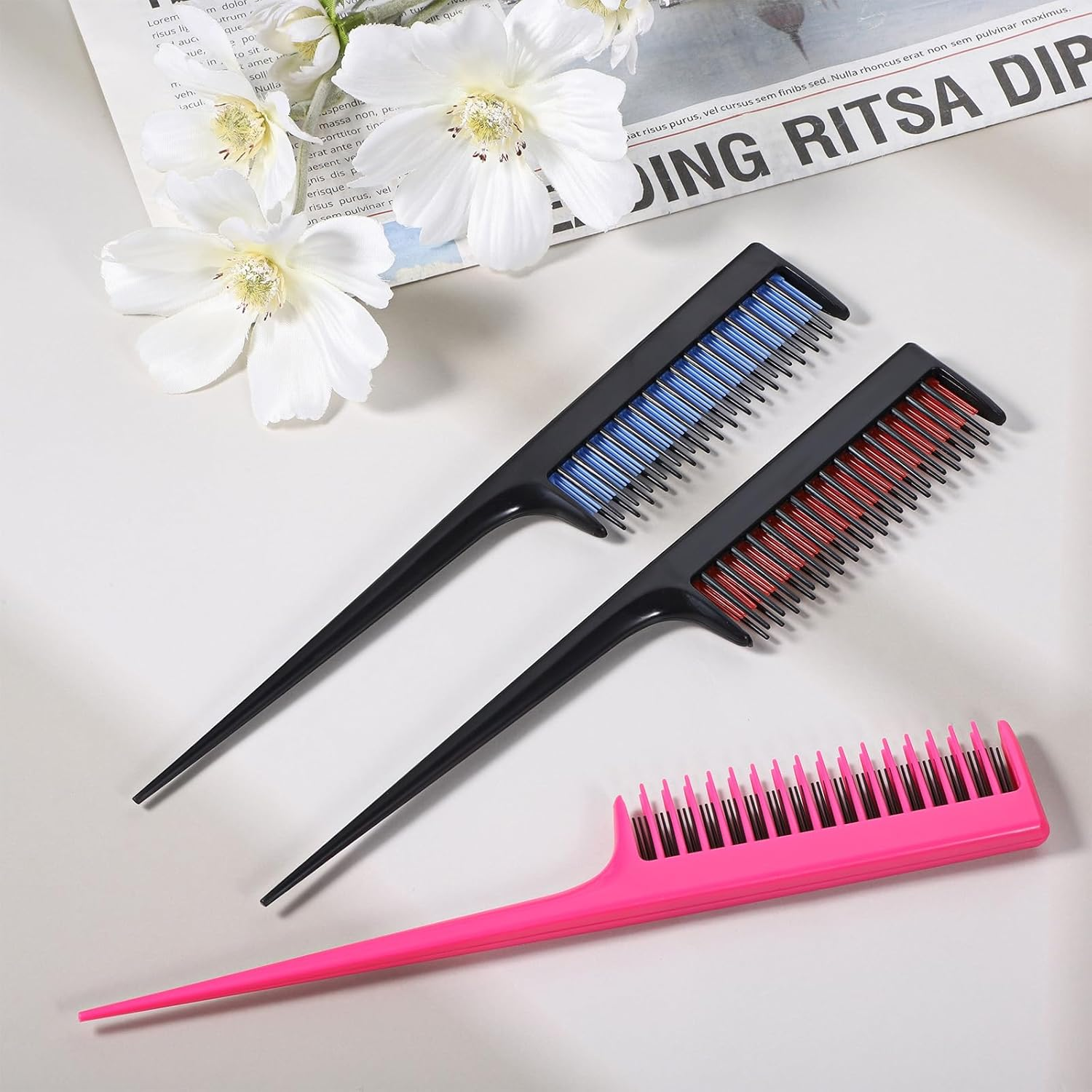 Pack of 3 Touping Comb Triple Teasing Comb for Women and Men, Handle Comb Hairdresser Heat-Resistant Plastic Rat Tail Comb Teasing Compartment Combs for Braiding Hair Styling Touping, Volume image number 2
